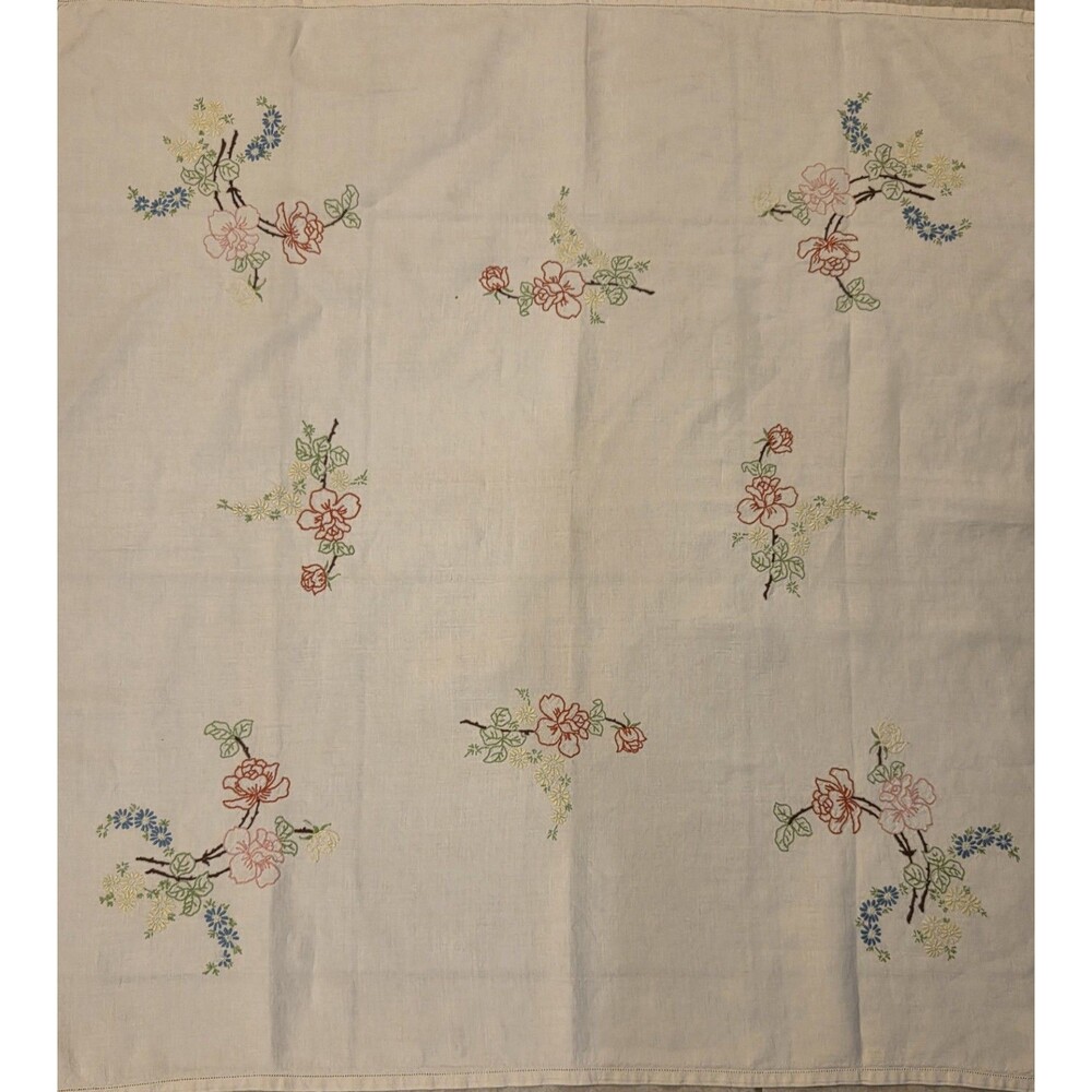 Vtg White Cotton Hand Embroidered Tablecloth Wild Rose W/Field Flowers 38"x38"